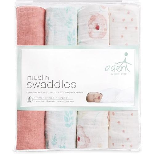 aden + anais Essentials Muslin Swaddle Blankets for Baby Girls and Boys, Newborn Receiving Blanket for Swaddling, 100% Cotton Baby Swaddle Wrap, 4 Pack, Full Bloom