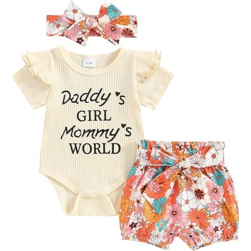 Newborn Baby Girl Clothes Daddys Girl Mommys World Short Sleeve Ribbed Romper Floral Shorts Set Summer Clothes
