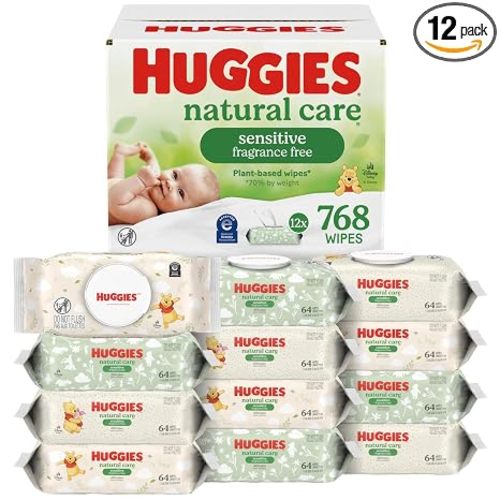 Huggies Natural Care Sensitive Baby Wipes, Unscented, Hypoallergenic, 99% Purified Water, 12 Flip-Top Packs (768 Wipes Total), Packaging May Vary