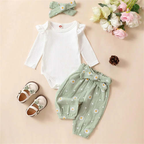 Baby Girl 3Pcs Solid Ribbed Ruffle Romper Long Sleeve Daisy Print Pants and Bow Headband Set