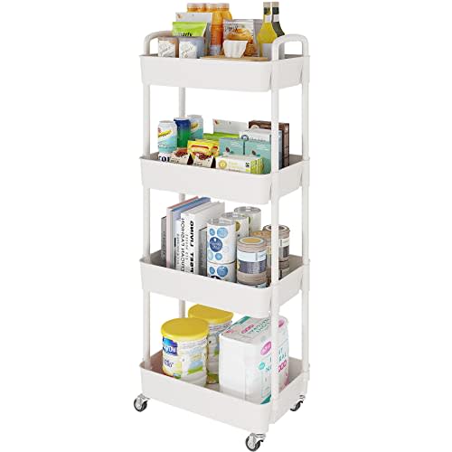 Laiensia 4-Tier Storage Cart,Multifunction Utility Rolling Cart Kitchen Storage Organizer,Mobile Shelving Unit Cart with Lockable Wheels for Bathroom,Laundry,Living Room,With Classified Stickers,White