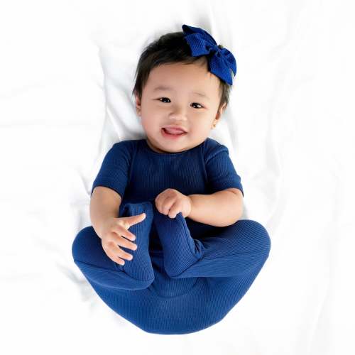 Front Opening Romper in Ribbed Into the Blue
