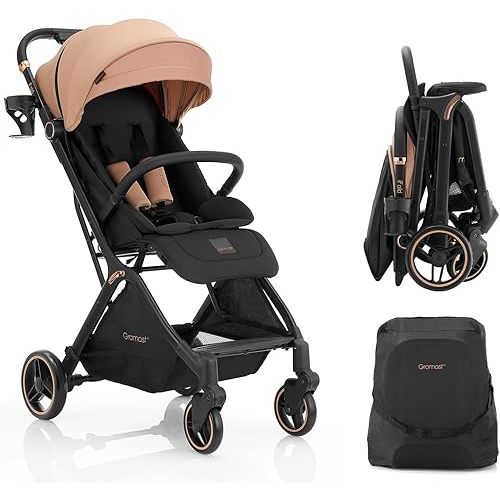 Gravity Folding Baby Stroller - Portable Travel Toddler Stroller w/Adjustable Backrest & Canopy, Lightweight and UV Protected, One-Hand Automatic Folding - Khaki