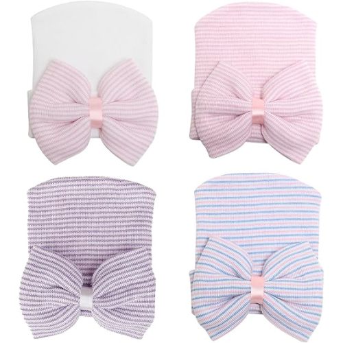 DRESHOW BQUBO 4 Pack Newborn Hospital Hat Infant Baby Hat Cap with Big Bow Soft Cute Knot Nursery Beanie