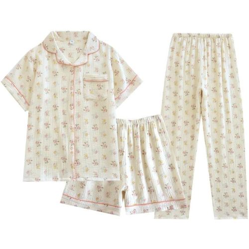 Womens 3pcs Cotton Pajamas Set Short Sleeve Sleepwear Fruit Print Cute Pj Set with Long Pants