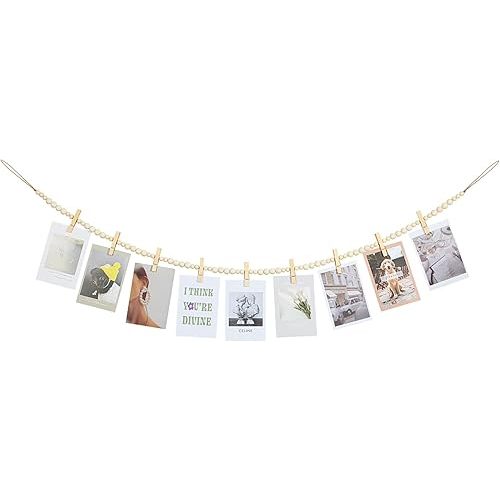 Hanging Photo Display Wall Decor, Boho Wooden Bead Garland Collage Picture Frame with 9 Wood Clips for Bedroom, Living Room, Office, Dorm Decor, Photos Holder Christmas Cards Teen Girl Gifts