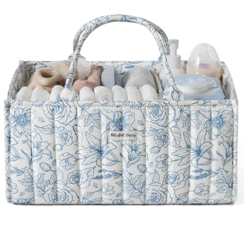 Blissful Diary Floral Diaper Caddy Organizer, Stylish Nursery Storage Basket, Gift for Baby Shower, Baby Registry Must Have, Newborn Essentials, Blue Floral