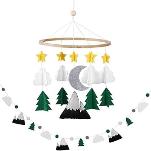 Baby Crib Mobile (Starry Woodland Night, Short Evergreen w/Garland) - Baby Shower Gift Nursery Decoration for Boys & Girls