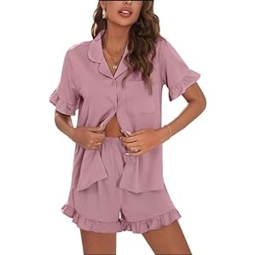 SWOMOG Woman Pajama Set Short Sleeve Pjs Set 2Pcs Short Pajamas Button Down Ruffle Hem Sleepwear Soft Modal Loungewear
