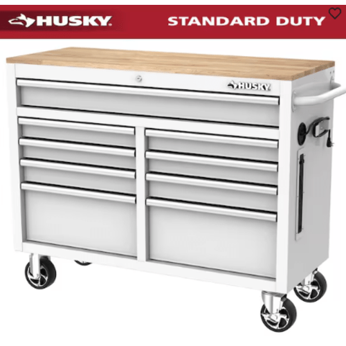 Husky Tool Storage 46 in. W x 18 in. D 9-Drawer Gloss White Mobile Workbench Cabinet H46X18MWC9WHT