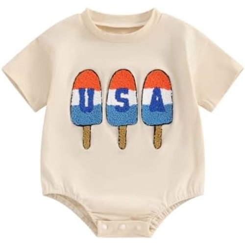 Baby Girl Boy 4th Of July Outfit Embroidery USA Shirt Onesie Fourth of July Bubble Romper Bodysuit Clothes