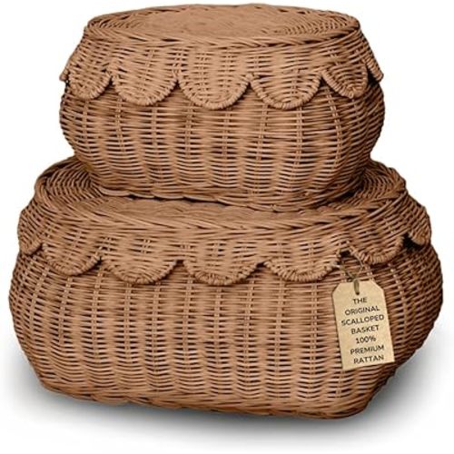 Original Scalloped Basket Set Of 2 - Small Scallop Basket - 15 x 10 x 6 In - Hand-Woven & Award-Winning - Elegant Wicker With Scalloped Edge Lid - Nursery Storage - (Mocca)