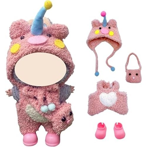17cm Doll Clothes for labubu, 4-Piece Clothes for Dolls Outfit, Accessories for Cute Dolls Clothes, Pink Hat + Overalls + Bag + Shoe, No Doll Included