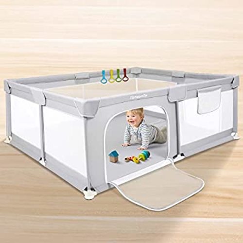 Baby Playpen for Babies and Toddlers, Yamesmile 71 x 59 inch Extra Large Playpen, Play Fence with 4 Pull Rings and Carry Bag (Light Grey)