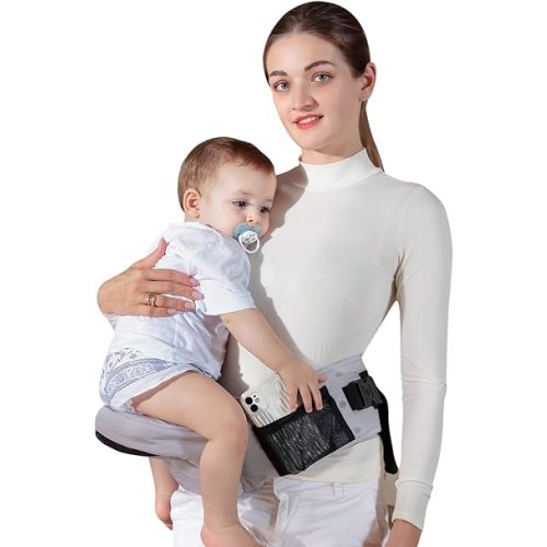Baby Hip Seat Carrier, GROWNSY Ergonomic Hip Seat Baby Carrier with Multiple Pockets, Adjustable Extended Waistband for Newborns & Toddlers up to 50 lbs, Breathable Grey for Summer