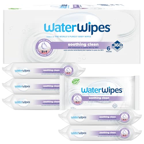 WaterWipes Plastic-Free Soothing Clean 99% Water Based Botanical Baby Wipes, Unscented & Hypoallergenic for Sensitive Skin, 6 Resealable Packs (360 Wipes)