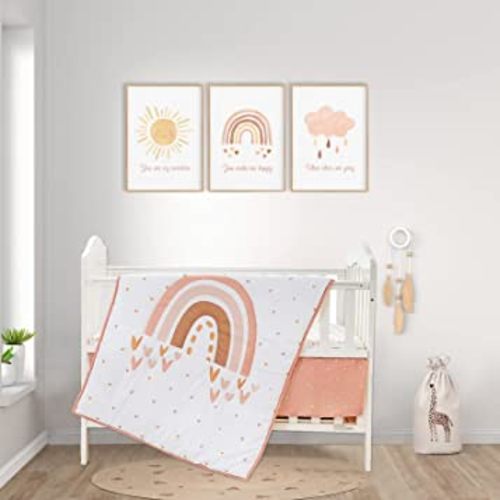 3 Piece Baby Crib Bedding Set - Standard Size Nursery Bedding for Boys and Girls with Crib Sheet, Comforter & Crib Skirt, Boho Rainbow
