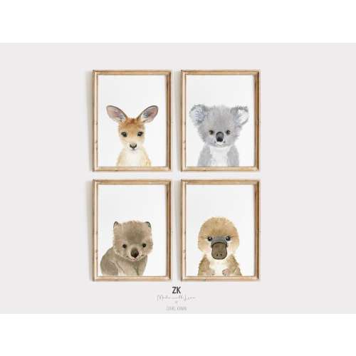 Australian Animal Prints, Set of 4, Watercolor Nursery Art, Koala, Kangaroo, Wombat, Platypus