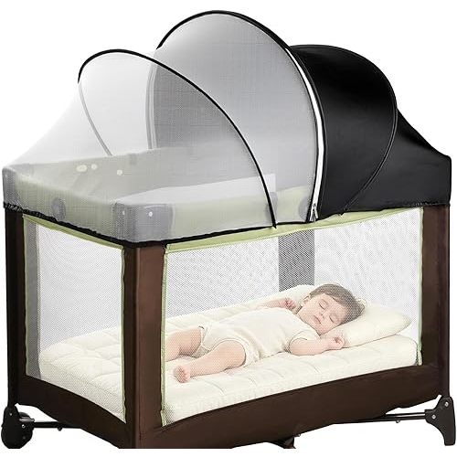 Pack N Play Tent Cover - Half-Blackout Mosquito Net for Crib & Playpen, Baby Bassinet Cover for Cats with 2-Way Zipper, Sun-Blocking Bug Net for Travel Crib (Black-Large)