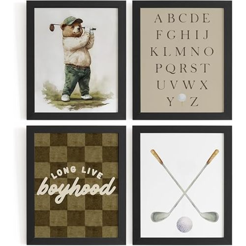WXHUM Vintage Nursery Boys Room Decor Wall Art Prints Set of 4, Long Live Boyhood Retro Golf Bear Green Sports Golfer Alphabet Posters for Nursery Toddler Boy Kids Room Playroom, 8x10 inch Unframed