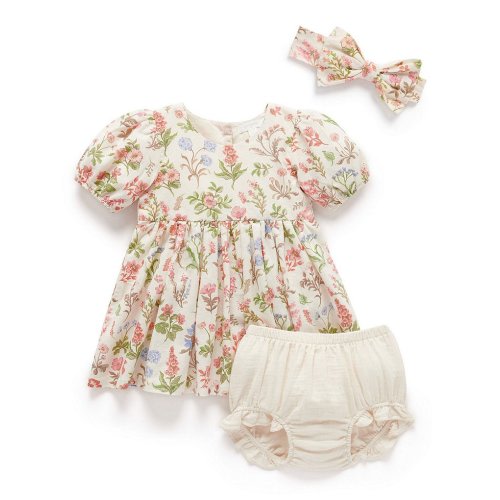 Purebaby Baby Girls Newborn-24 Months Flower Linen Blend Dress & Bloomer & Headband Set