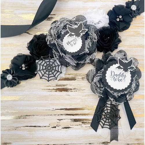 Halloween Bat Baby Shower Sash and Daddy to be Pin Black and White Halloween Baby Shower A BOO is Due Baby Shower Sash A Baby is Brewing