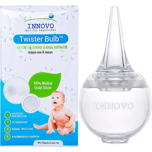 Innovo Hospital Grade Silicone Twister Bulb Baby Ear Syringe and Nasal Aspirator, Sucks Snot and Mucus, Nasal Bulb Ear Syringe, Cleanable and Reusable Clear White
