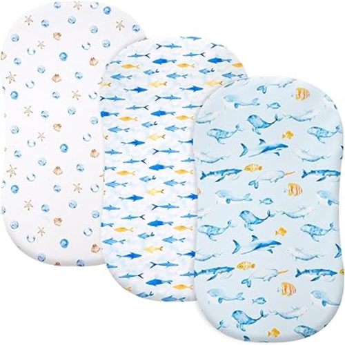 david's kids 3 Pack Bassinet Sheets, Ultra Soft Breathable Comfortable Baby Sheet Set for Boys Girls Neutral, Univeral Fit for Most Cradle and Bassinet Mattress, Whale