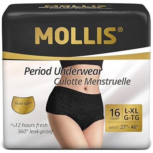 MOLLIS Disposable Period Underwear for Women, Unscented, Postpartum Panties, Maternity Knickers Heavy Flow Leak Proof, Black,Large/Xlarge, 16 Count