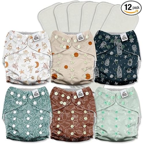 Mama Koala 3.0 Cloth Diapers for Babies with AWJ Lining, 6 Pack with 6 5-Layer Natural Cloth Diaper Inserts - Reusable and Washable Pocket Diapers(A-Seashore)