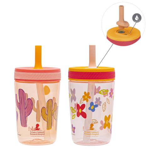 Zak Designs 15oz Plastic Kelso Straw Tumbler 2-Pack Inspired by St. Jude Patient Art Floral Cactus