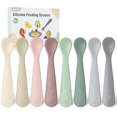 DRKIO 8-Piece Silicone Baby Spoons - Infant Spoons First Stage Self Feeding Baby Led Weaning Supplies Toddler Training Utensils Soft Chewable-Tip BPA-Free Dishwasher Safe Boil-proof