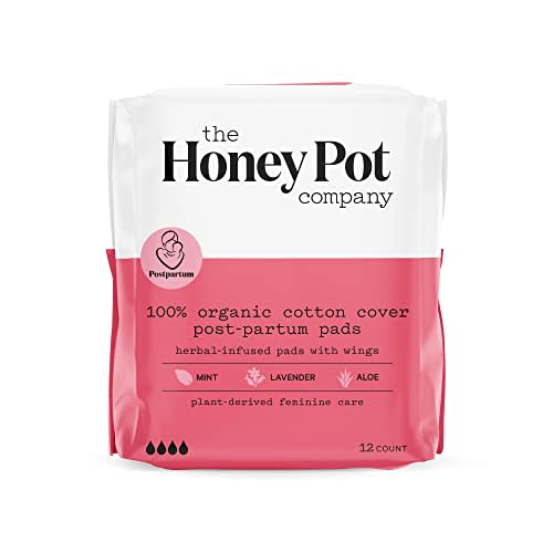 The Honey Pot Company Clean Cotton Postpartum Pads Herbal-Infused, Postpartum and Maternity Pads with Wings, Plant-Derived Feminine & Menstrual Care (Product) RED – 12 ct.