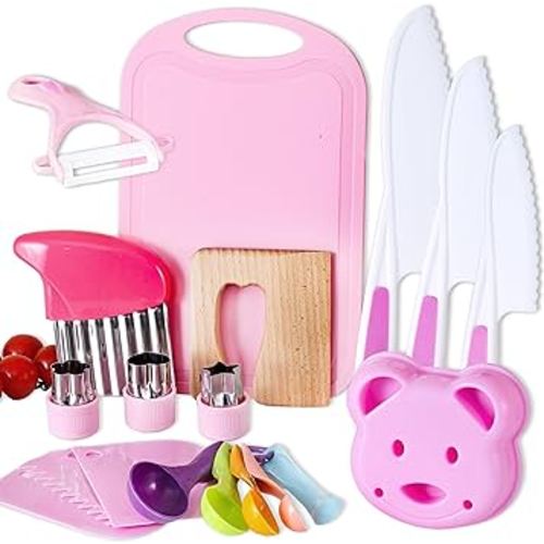 19 Pieces Kitchen Tools-Kids Cooking Sets Real-Toddler Knife Set for Real Cooking, Montessori Toys for 3+,Toddler Utensils with Safe Knives Crinkle Cutter Cutting Board
