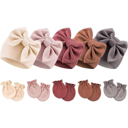 BQUBO Newborn Baby Girls Hats Mittens Set Hospital Hat Beanie Infant Bow Hats Baby Cotton Gloves No Scratch Mittens