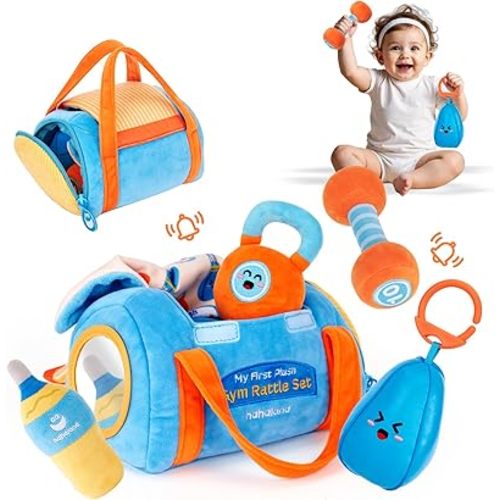 hahaland Baby Toys 6-12 Months - Baby Toys 3-6 Months Montessori Toy for 6 Month Old, Sensory Toy for Babies Workout Weights Dumbbell Toy Set with Soft Rattles Mirror, Babies Girl Boy Gifts