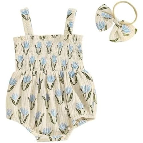 Infant Baby Girl Linen Romper Smocked Bubble Bodysuit Frill Trim Ruffle One-Piece Jumpsuit Casual Cute Summer Clothes