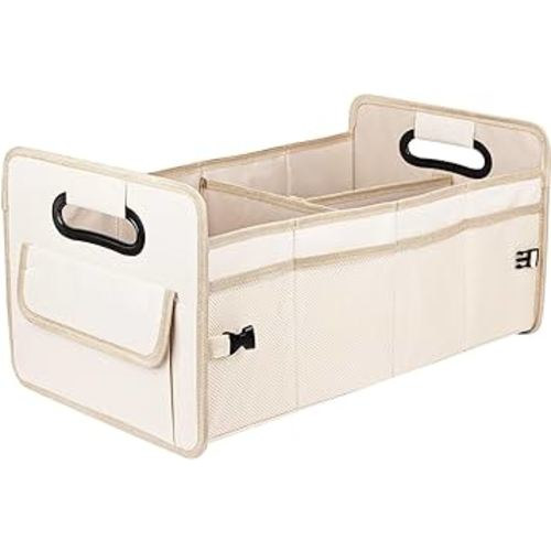 JiatuA Car Trunk Organizer Car Storage with 9 Pockets Collapsible Multi Compartment Waterproof Adjustable Straps for SUV, Truck, Sedan, Minivan, Standard Size, Beige