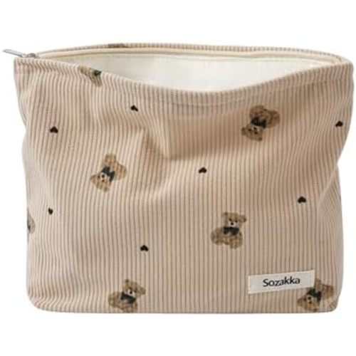 Corduroy Travel Makeup Bag with Bear Pattern, Cosmetic Bag for Purse Organizer, Toiletry Bag with Zipper For Women Travel Essentials(03Light Taupe)