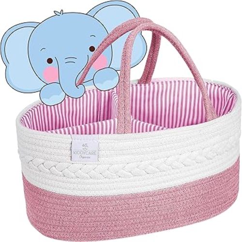KiddyCare Woven Diaper Caddy Organizer, Large Gray Multi Functional Portable Baby Basket with Handle, Baby Gift for Boy/Girl Nursery Storage, Organization, and Modern Car Diaper Caddy Pink X-Large