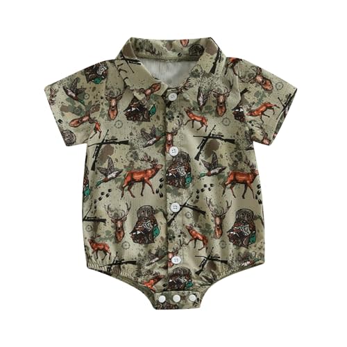 AHUGHAUE Baby Boy Hunting Outfit Duck/Camo Print Dress Shirt Bodysuit Lapel Button Summer Short Sleeve Romper Top