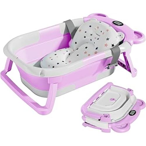 TPN Collapsible Baby Bathtub for Infants to Toddler with Real-time Temp Monitor+Floating Cushion,Foldable Baby Bath Tub Set Applicable 0-36 Month,Perfect Portable Travel Baby Tub for Newborns Boy