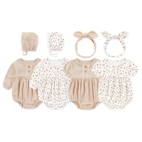 Newborn Baby Girl Clothes Cotton Bubble Rompers Infant Outfit Floral Long Short Bodysuit, 4 Pack