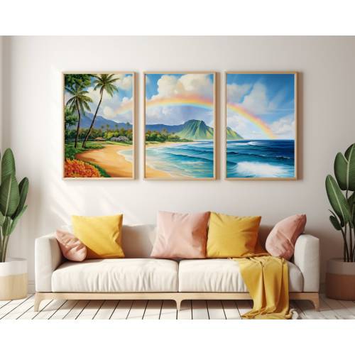Kauai Rainbow Watercolor Print | Set of 3 | Hawaii Travel Gift | Hawaiian Art | Coastal Landscape | Tropical Beach Decor | Napali Coast