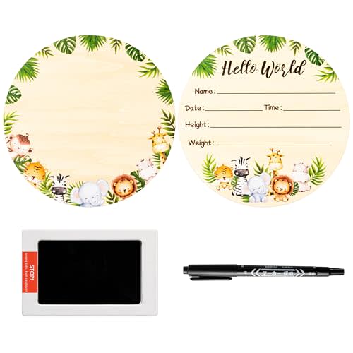 R HORSE Baby Birth Announcement Sign with Marker Pen, Safari Animals Baby Name Sign with Ink Pad for Hand and Footprints, Wooden Hello World Newborn Announcement Nursery Decor Keepsake Gifts