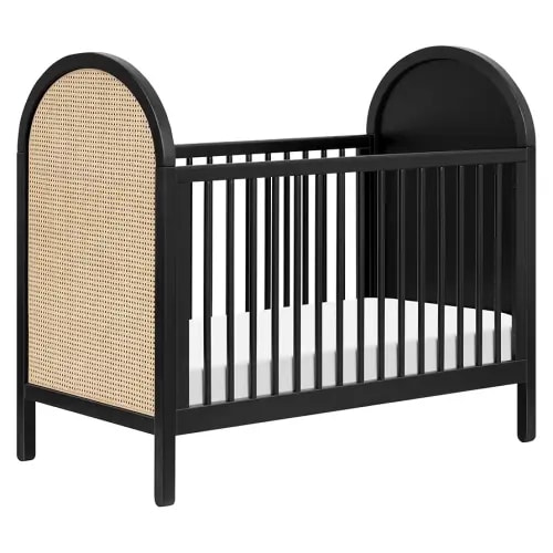 babyletto Bondi Cane 3-in-1 Convertible Crib with Toddler Bed Conversion Kit in Black with Natural Cane, Greenguard Gold Certified