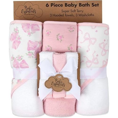 Hooded Baby Bath Towel and Washcloth 6 Piece Set for Newborns, Infants & Toddlers, Boys & Girls Baby Hooded Towels Set (Pink Bows and Flowers)