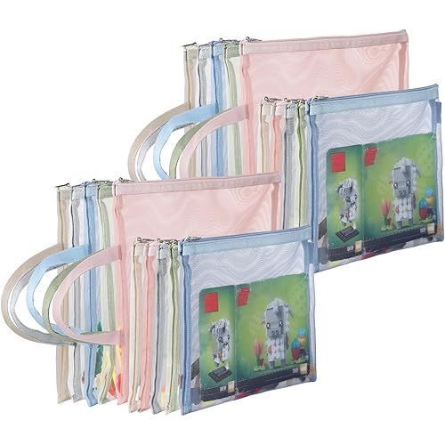 20 Pack Colored Mesh Zipper Pouch Bags, Nylon Puzzle Building Block Sets Toy Storage and Organization, Breathable See Through(10Pcs A4+10Pcs A5) Zipper Pouch with Handle for Games