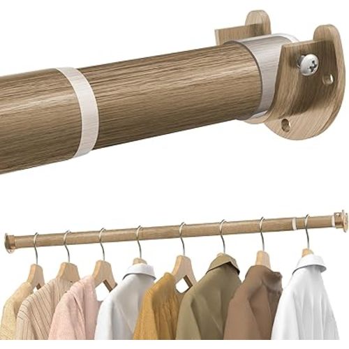 Closet Rods for Hanging Clothes, 17 to 54 Inches Stepless Adjustable Metal Closet Rod, 1.3 Inches Heavy Duty Clothes Hanging Rod for Closet Wardrobes Laundry RV(Wood Grain)