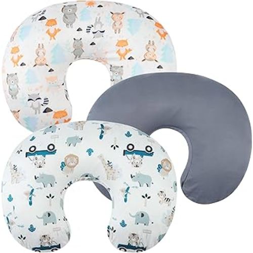Nursing Pillow Cover Set 3 Pack Nursing Pillow Slipcovers for Moms Breastfeeding Moms, Ultra-Soft Stretchy Fit Standard Nursing Pillows Elephant Tiger,Fox & Grey
